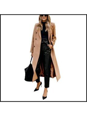 Long Wool Blend Peacoat Notch Lapel Double Breasted Winter Coat